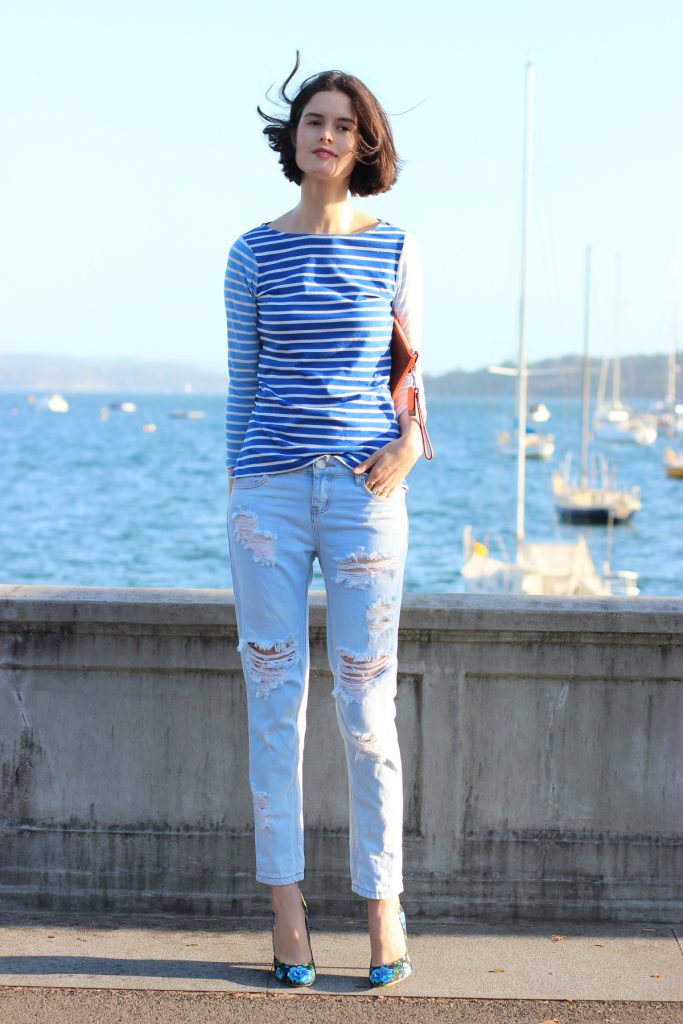 BY-CHILL-BLOG-Chloe-Hill-in-Boden-Clothing-blue-breton-striped-top-one-teaspoon-denim-jeans-and-miu-miu-floral-heels-at-Rose-Bay-Sydney